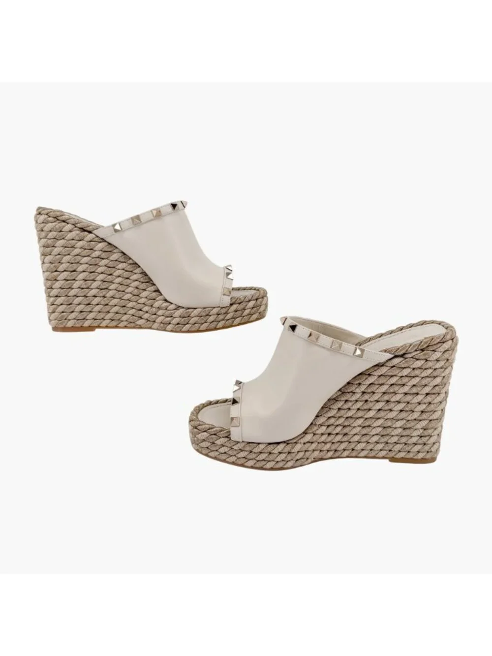 Valentino Rockstud Torchon Espadrille Wedge Sandals White Leather Size 39 US 9